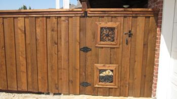 Wood Stained Pedestrian Gates With Doggie Window